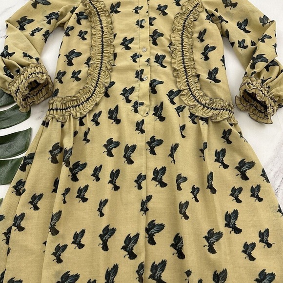 Max Studio Womens Vintage Y2k Ruffle Dress Size XS Tan Blue Birds Academia - Picture 5 of 12